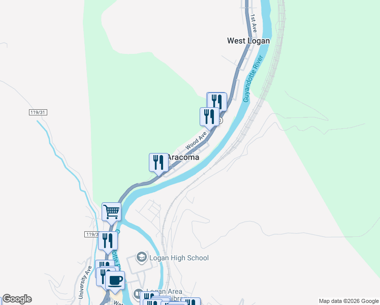 map of restaurants, bars, coffee shops, grocery stores, and more near 169 Wood Avenue in Logan