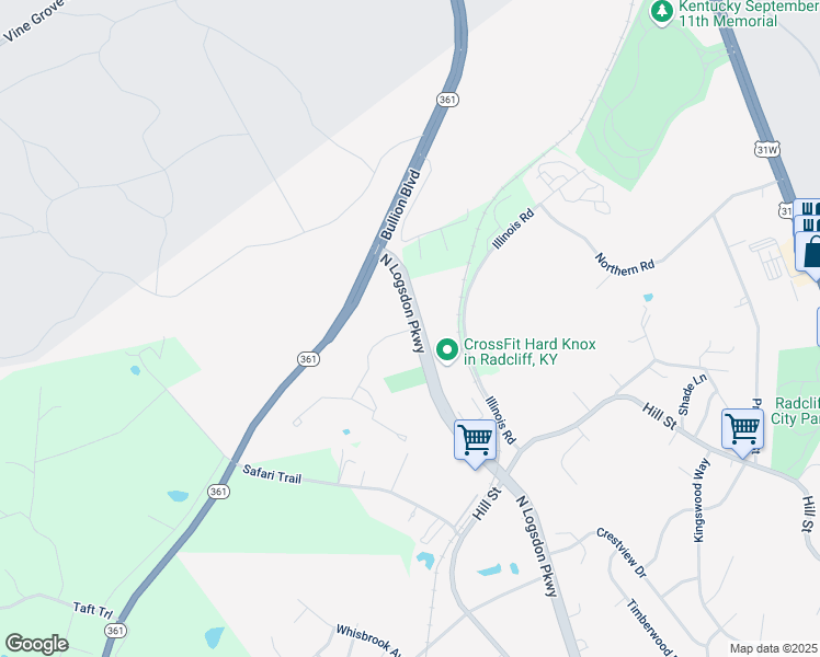 map of restaurants, bars, coffee shops, grocery stores, and more near 1660-1698 North Logsdon Parkway in Radcliff