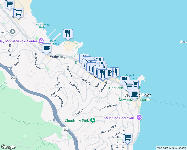map of restaurants, bars, coffee shops, grocery stores, and more near 210 Caledonia Street in Sausalito