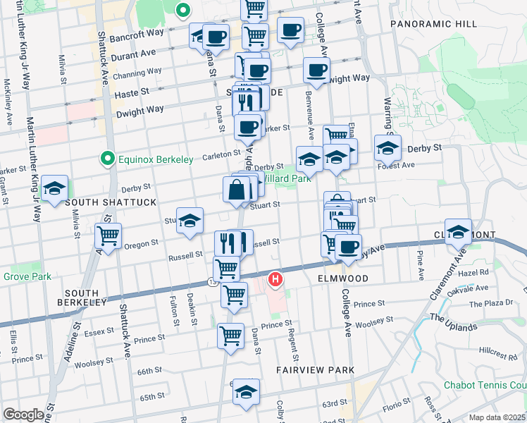 map of restaurants, bars, coffee shops, grocery stores, and more near 2440 Stuart Street in Berkeley
