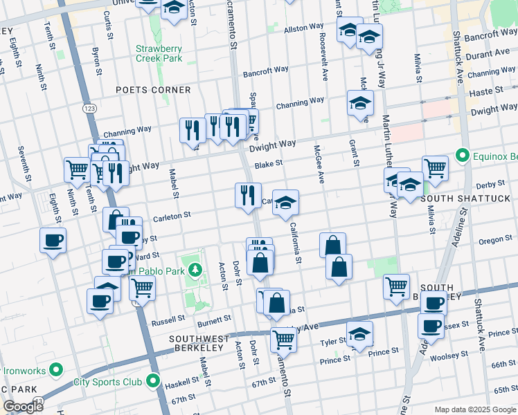 map of restaurants, bars, coffee shops, grocery stores, and more near 2637 Sacramento Street in Berkeley