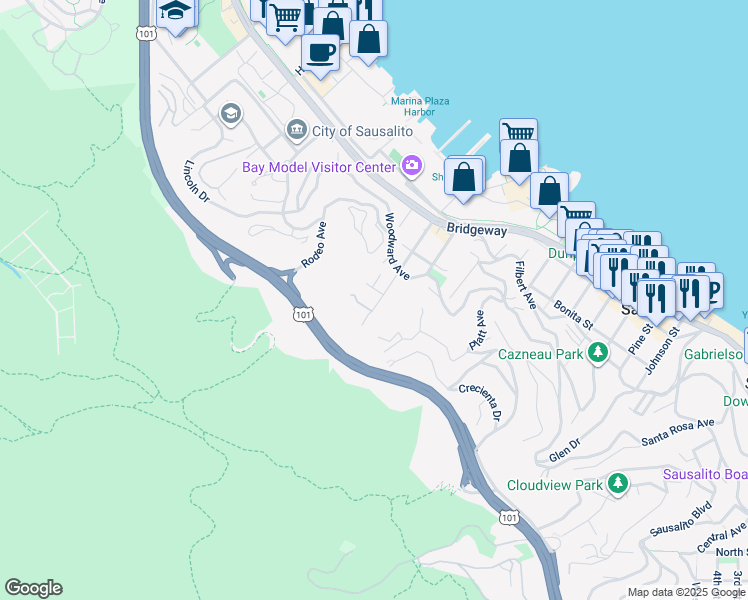 map of restaurants, bars, coffee shops, grocery stores, and more near 20 Gordon Street in Sausalito