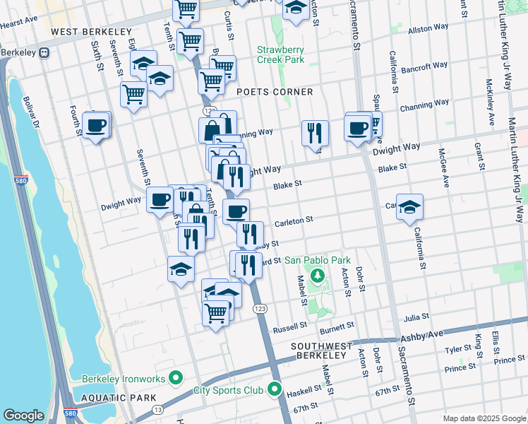 map of restaurants, bars, coffee shops, grocery stores, and more near 1136 Parker Street in Berkeley