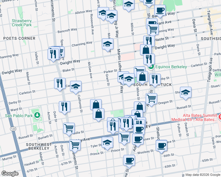 map of restaurants, bars, coffee shops, grocery stores, and more near 2701 Grant Street in Berkeley