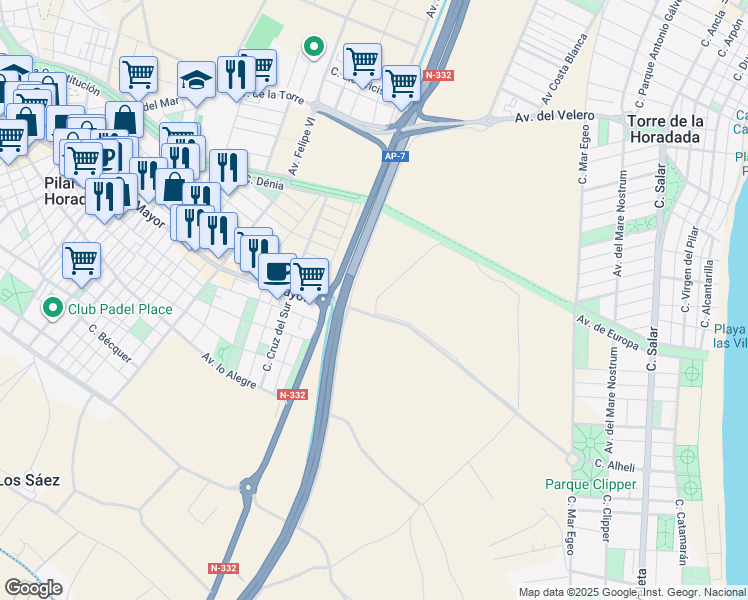 map of restaurants, bars, coffee shops, grocery stores, and more near in Pilar de la Horadada