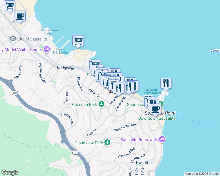 map of restaurants, bars, coffee shops, grocery stores, and more near 1403 Bridgeway in Sausalito