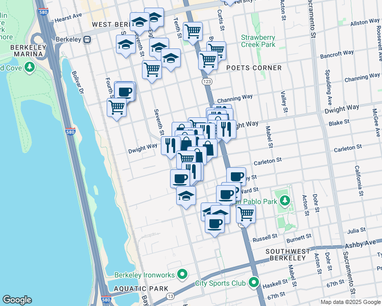 map of restaurants, bars, coffee shops, grocery stores, and more near 2512 Ninth Street in Berkeley