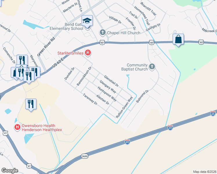 map of restaurants, bars, coffee shops, grocery stores, and more near 1223 Glengary Way in Henderson