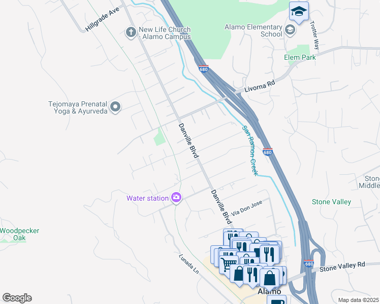 map of restaurants, bars, coffee shops, grocery stores, and more near 1491 Laurenita Way in Alamo