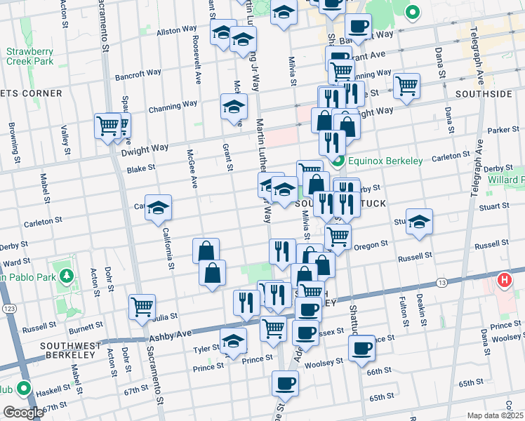 map of restaurants, bars, coffee shops, grocery stores, and more near 1825 Derby Street in Berkeley