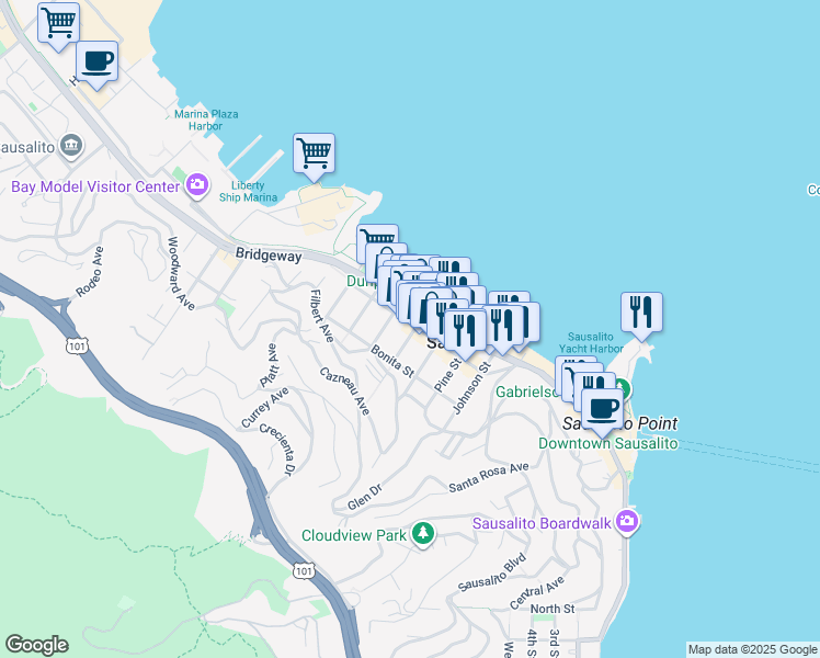 map of restaurants, bars, coffee shops, grocery stores, and more near 1403 Bridgeway in Sausalito