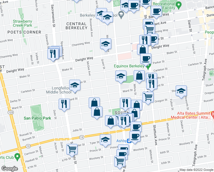 map of restaurants, bars, coffee shops, grocery stores, and more near Derby Street & Grant Street in Berkeley