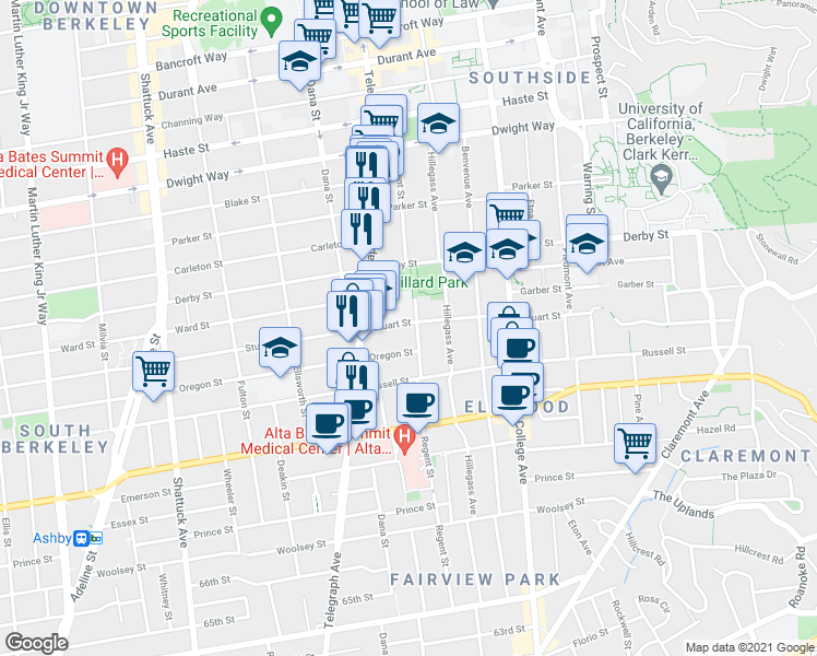map of restaurants, bars, coffee shops, grocery stores, and more near 2440 Stuart Street in Berkeley