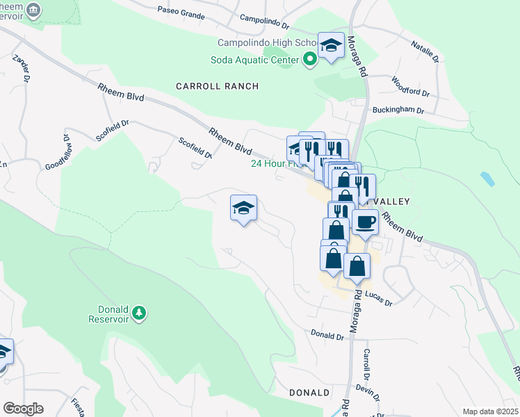 map of restaurants, bars, coffee shops, grocery stores, and more near 1970 Ascot Drive in Moraga
