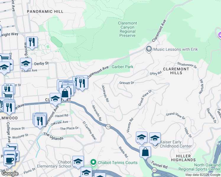 map of restaurants, bars, coffee shops, grocery stores, and more near 1 Gravatt Drive in Berkeley