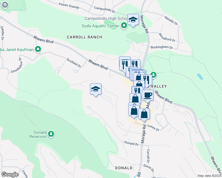 map of restaurants, bars, coffee shops, grocery stores, and more near 1971 Ascot Drive in Moraga