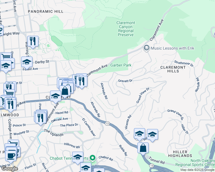 map of restaurants, bars, coffee shops, grocery stores, and more near 1 Gravatt Drive in Berkeley