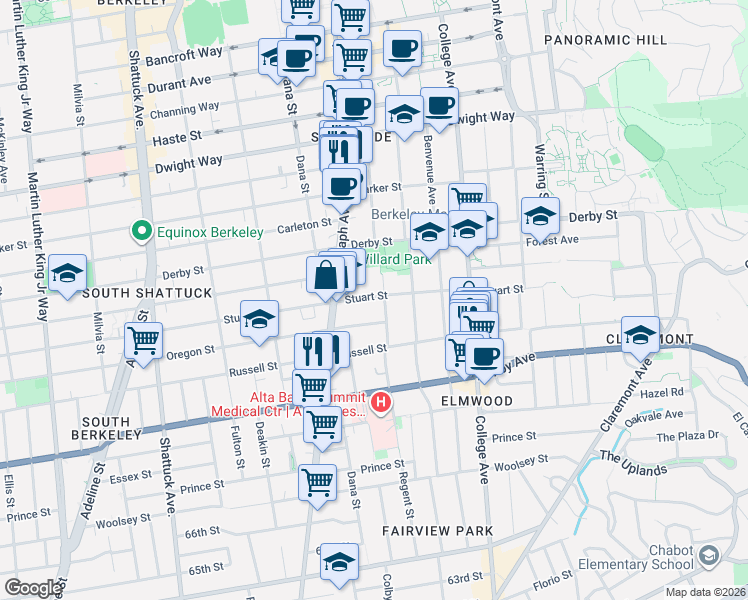 map of restaurants, bars, coffee shops, grocery stores, and more near 2440 Stuart Street in Berkeley