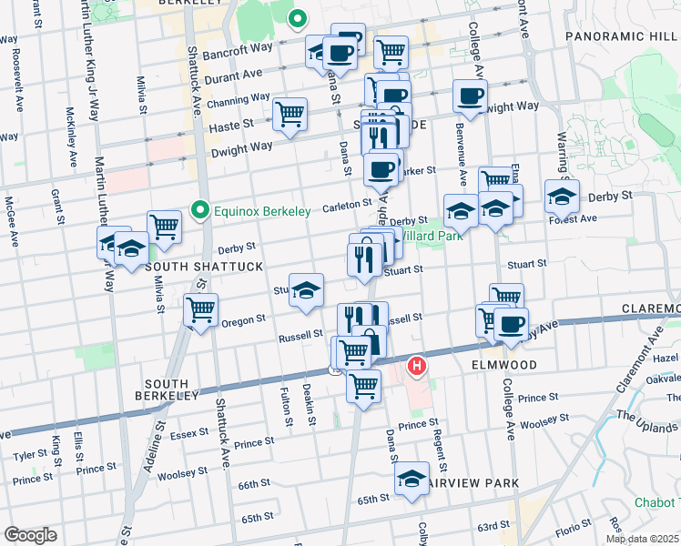 map of restaurants, bars, coffee shops, grocery stores, and more near 2340 Ward Street in Berkeley