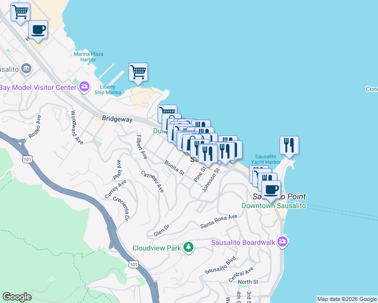 map of restaurants, bars, coffee shops, grocery stores, and more near 1403 Bridgeway in Sausalito