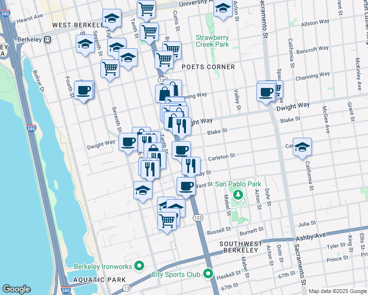 map of restaurants, bars, coffee shops, grocery stores, and more near 1105 Parker Street in Berkeley