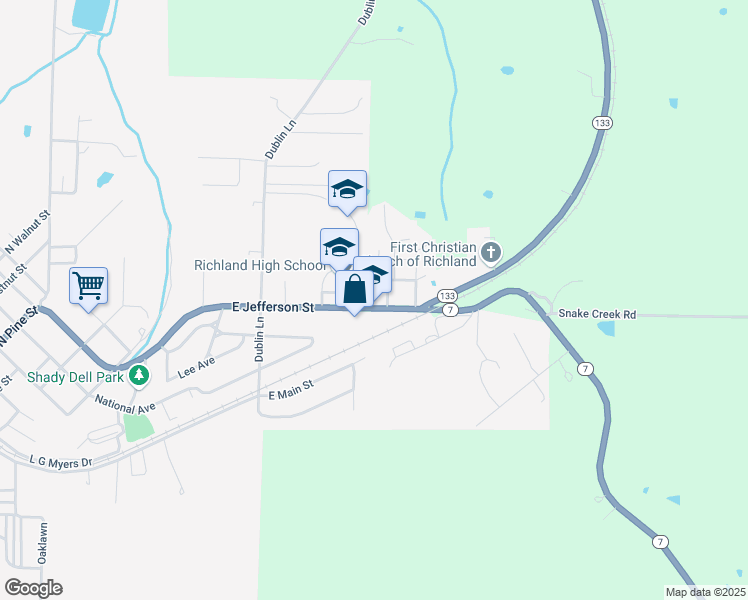 map of restaurants, bars, coffee shops, grocery stores, and more near 714 East Jefferson Street in Richland