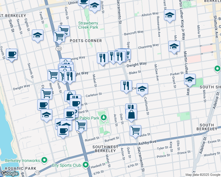 map of restaurants, bars, coffee shops, grocery stores, and more near 2614 Acton Street in Berkeley