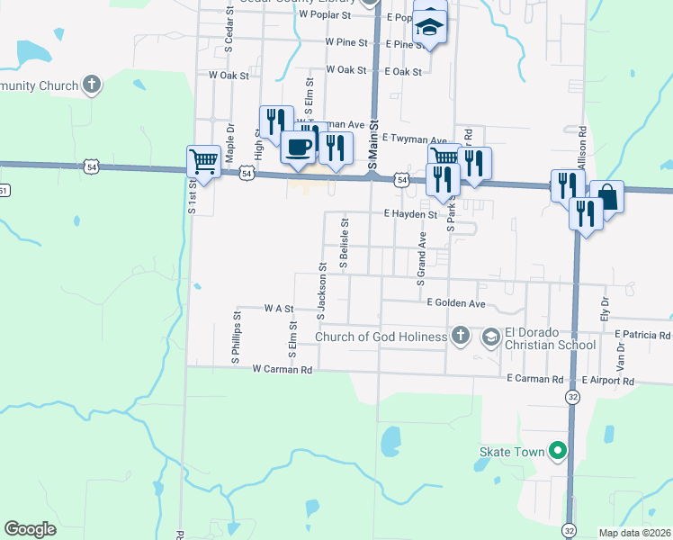 map of restaurants, bars, coffee shops, grocery stores, and more near 1507 South Jackson Street in El Dorado Springs