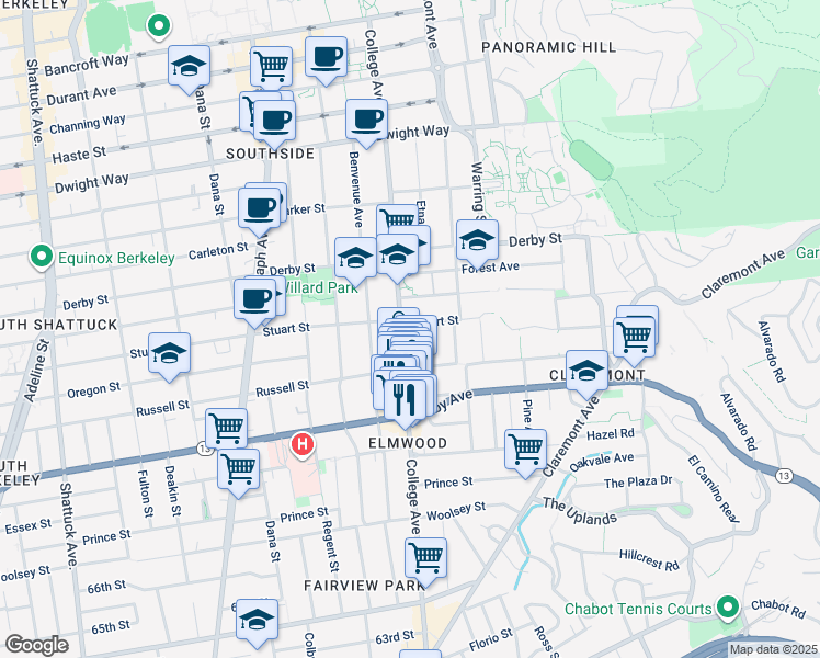 map of restaurants, bars, coffee shops, grocery stores, and more near 2707 Stuart Street in Berkeley