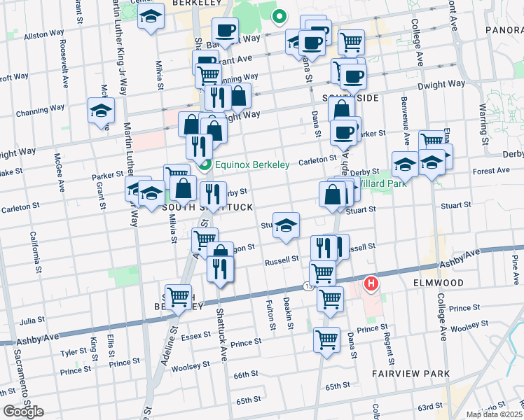 map of restaurants, bars, coffee shops, grocery stores, and more near 2219 Ward Street in Berkeley