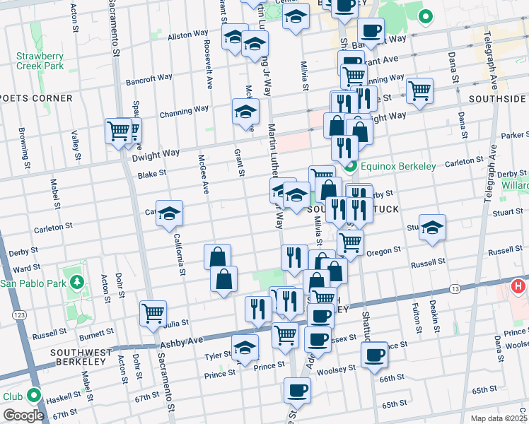 map of restaurants, bars, coffee shops, grocery stores, and more near 1825 Derby Street in Berkeley