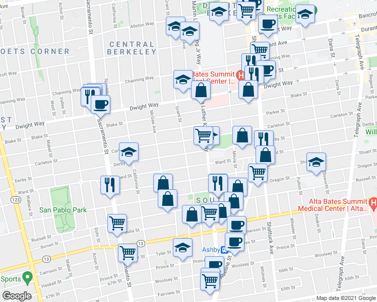 map of restaurants, bars, coffee shops, grocery stores, and more near 2632 Grant Street in Berkeley