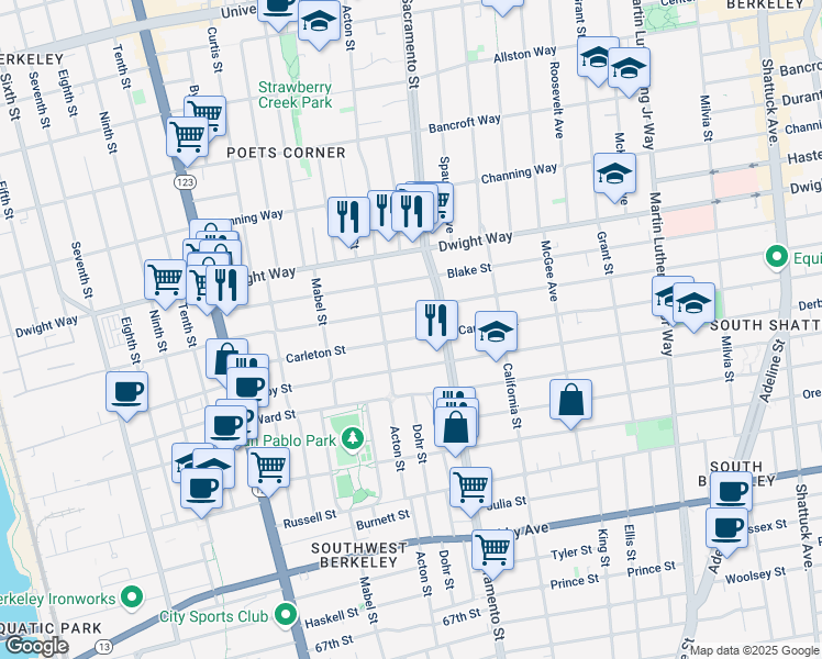 map of restaurants, bars, coffee shops, grocery stores, and more near 1426 Parker Street in Berkeley