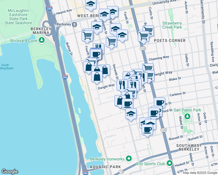 map of restaurants, bars, coffee shops, grocery stores, and more near 2445 Sixth Street in Berkeley