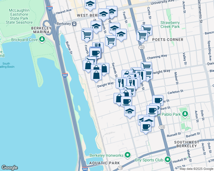 map of restaurants, bars, coffee shops, grocery stores, and more near 800 Dwight Way in Berkeley