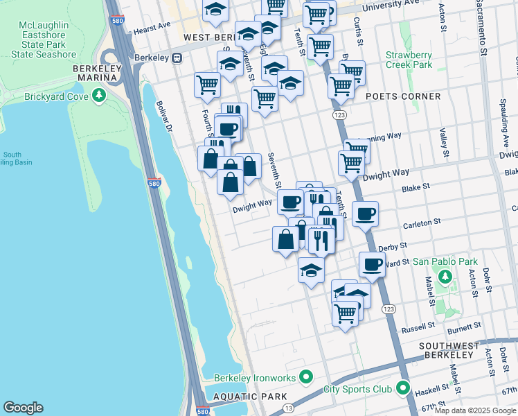 map of restaurants, bars, coffee shops, grocery stores, and more near 800 Dwight Way in Berkeley