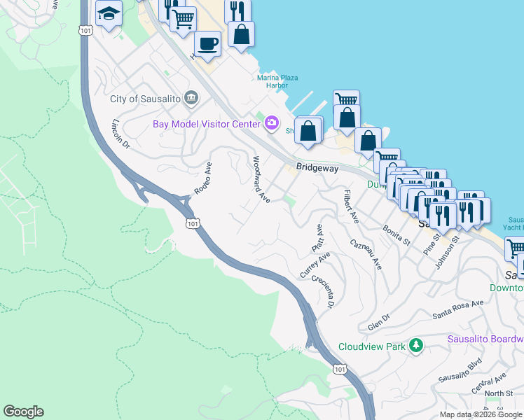 map of restaurants, bars, coffee shops, grocery stores, and more near 141 Woodward Avenue in Sausalito