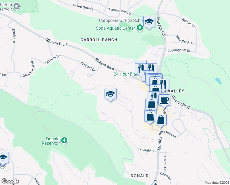 map of restaurants, bars, coffee shops, grocery stores, and more near 1956 Ascot Drive in Moraga