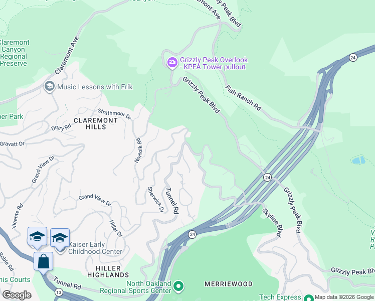 map of restaurants, bars, coffee shops, grocery stores, and more near 2005 Tunnel Road in Oakland