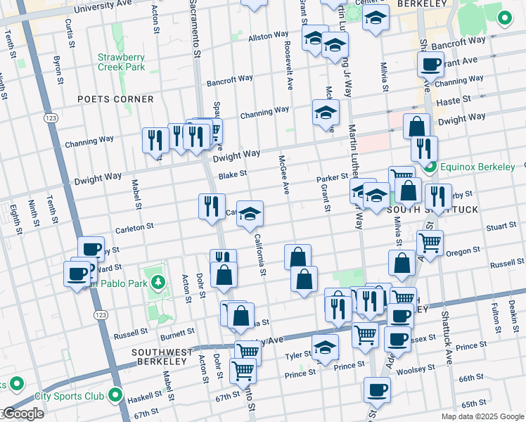 map of restaurants, bars, coffee shops, grocery stores, and more near 1612 Carleton Street in Berkeley