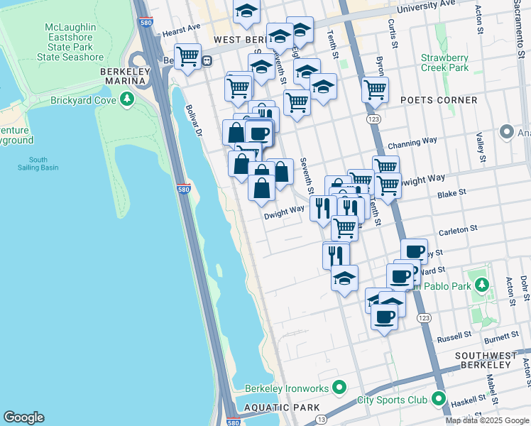 map of restaurants, bars, coffee shops, grocery stores, and more near 2460 Fifth Street in Berkeley