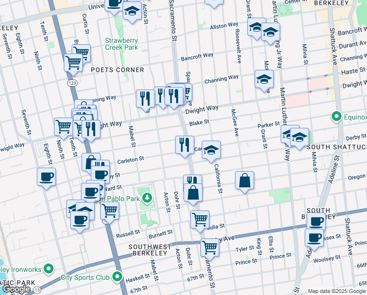 map of restaurants, bars, coffee shops, grocery stores, and more near 1426 Parker Street in Berkeley