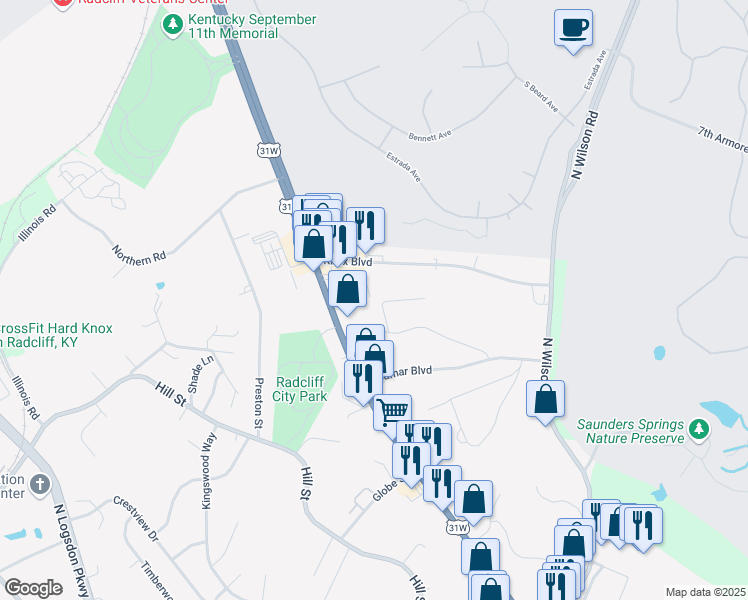 map of restaurants, bars, coffee shops, grocery stores, and more near 200-244 Dogwood Dr in Radcliff