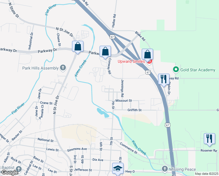 map of restaurants, bars, coffee shops, grocery stores, and more near 1312 Jennings Road in Park Hills