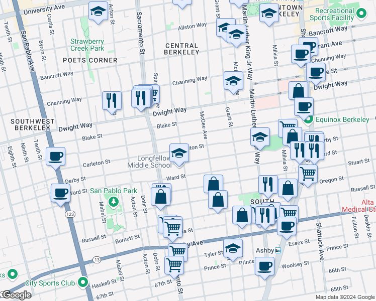 map of restaurants, bars, coffee shops, grocery stores, and more near 1612 Carleton Street in Berkeley