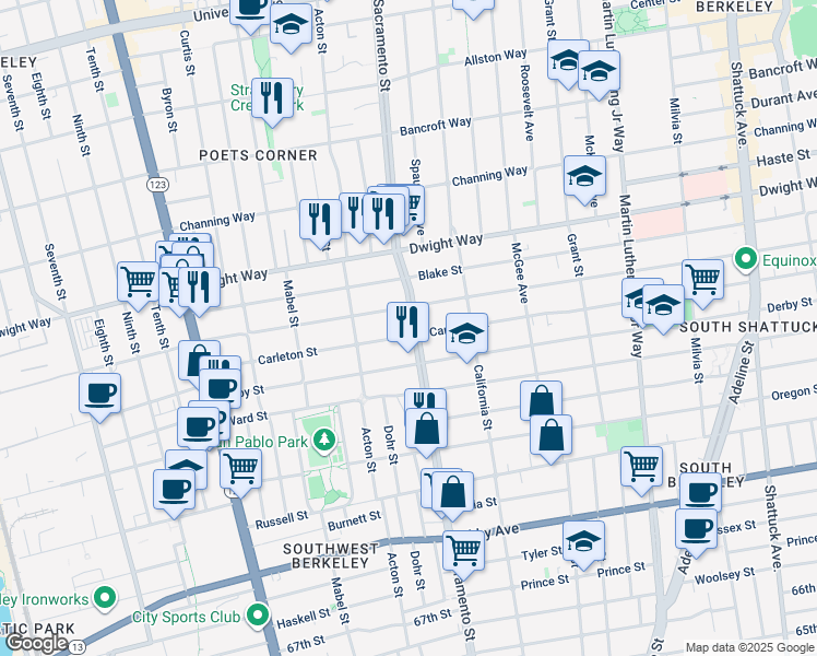 map of restaurants, bars, coffee shops, grocery stores, and more near 2637 Sacramento Street in Berkeley