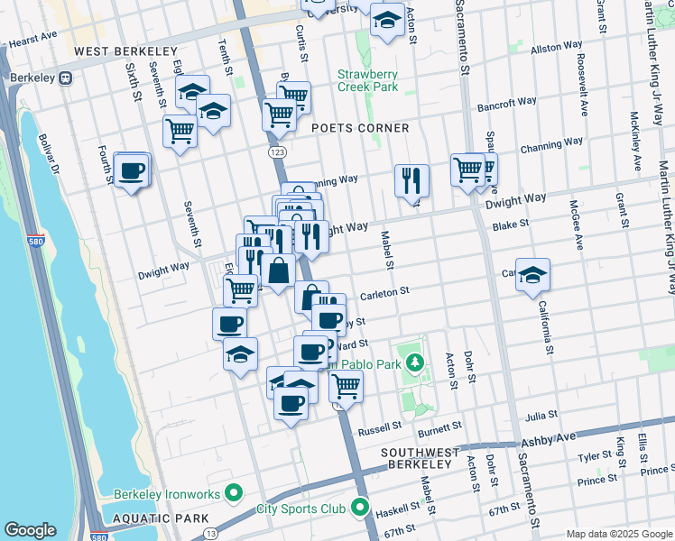 map of restaurants, bars, coffee shops, grocery stores, and more near 2534 Mathews Street in Berkeley