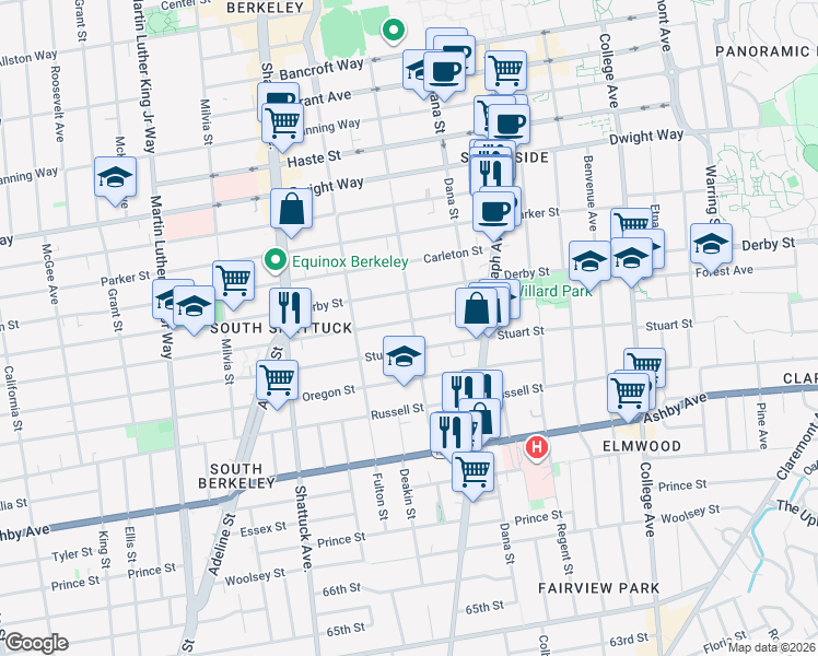 map of restaurants, bars, coffee shops, grocery stores, and more near 2240 Ward Street in Berkeley