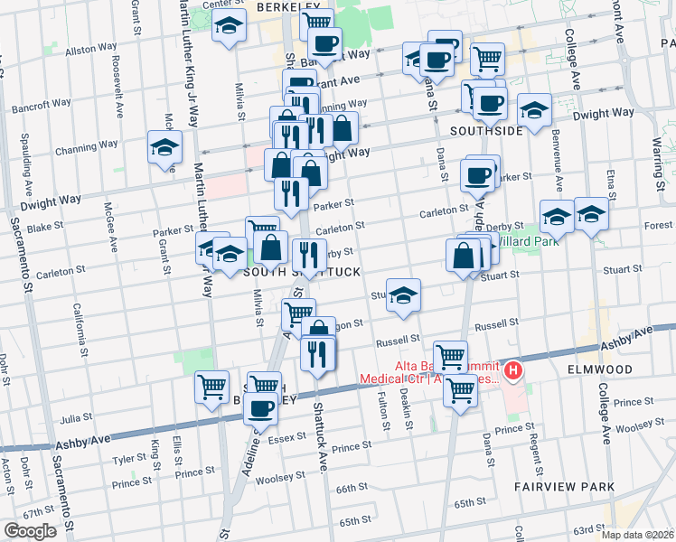 map of restaurants, bars, coffee shops, grocery stores, and more near 2141 Ward Street in Berkeley