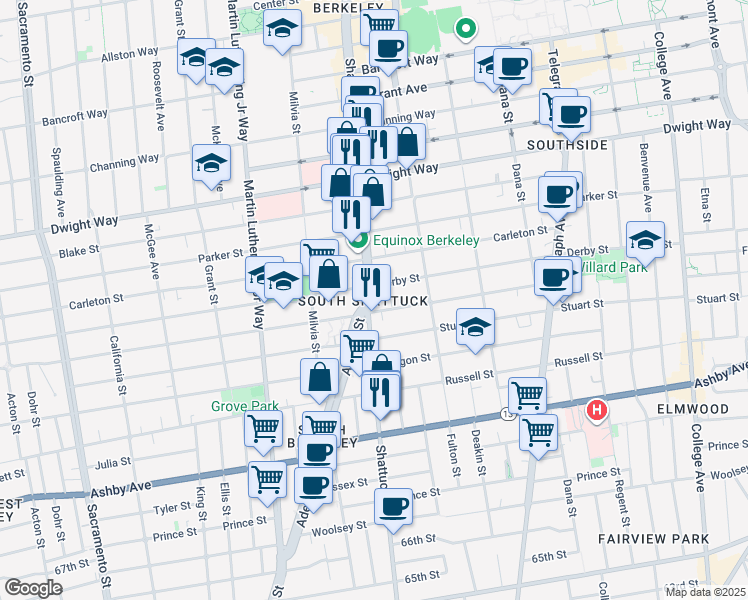 map of restaurants, bars, coffee shops, grocery stores, and more near 2711 Shattuck Avenue in Berkeley